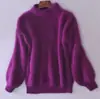 Primavera, Otoño e Invierno 2026 Nuevo Suéter de Punto Holgado de Color Sólido con Cuello Semi-Alto y Mangas de Linterna Estilo Coreano de Piel Sintética de Visón para Mujer