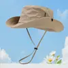 Sombrero de pescador de secado rápido con bordado de logotipo personalizado, sombrero para exteriores para camping y senderismo con cordón, sombrero de ala ancha para hombre para escalada