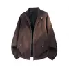 Jaqueta de Couro PU Tie-Dye Desgastado Estilo Retrô Americano Han Lu para Homens, Outono, Curta, Silhueta Ampla, Gola Alta, Jaqueta Biker.