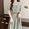 Fat Sister 2025 Verão Novo Design de Costura Senso de Moda Cinto Moda Vestido Falso Duas Peças Cor Contrastante Simples Slim Fit