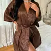 Robe Longo de Renda com Cadarço Novo Estilo Transfronteiriço para Casa Manga Longa Feminino Fino Sexy Robe de Manhã com Cadarço Cardigan Pijama Roupão de Seda Gelada