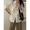 Camisa chique coreana de outono, simples e única, com amarração, na cor damasco claro, tamanho único, ombro a ombro cáqui, direto da fábrica, alta elasticidade