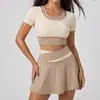 Traje Esportivo de Corrida Juyitang Alta Elasticidade Cor da Pele Color Block Falso Duas Peças Traje Anti-Exposição para Mulheres