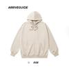 Suéter com capuz e zíper em algodão terry CVC 330g, ombro caído, corte amplo, estilo retrô americano, casaco pullover para casal