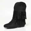 Botas vaqueras occidentales populares europeas y americanas de doble capa con flecos, tacón bajo, suela suave, punta redonda, sin cordones, cómodas, versátiles, de media pantorrilla para el verano