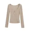 Camiseta Listrada Color Block Tendência de Manga Longa para Mulheres, Novo Top Cropped Americano de Botão Slim Fit para Outono