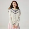 Suéter de cashmere jacquard Fair Isle feminino, design elegante e simples, cardigã, jaqueta casual, tricô solto