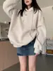 Sudadera con capucha de punto jaspeado gris extragrande para mujer, otoño e invierno, nueva, suelta, estilo americano, de forro polar de longitud media, top