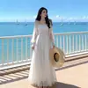 Vestido de Manga Larga Cuadrado de Alta Gama Estilo Francés, Vestido de Playa Estilo Resort Costero, Vestido de Gasa para Mujeres Petites, Ropa de Viaje