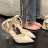 Tacones altos para mujer primavera al por mayor nuevo lazo tacón de aguja chop zapatos de una capa para hombre estilo de hada para mujer punta fina francesa