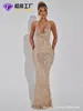 Vestido de Noche Largo con Lentejuelas Sexy de Cuello Halter Profundo en V Espalda Descubierta Estilo Cola de Pez, Tendencia Europea y Americana, Elegante y Exquisito, Personalizado