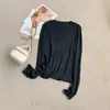 Novo top de malha com gola V e mangas compridas para outono e inverno, com mistura de lã, projetado como uma camada base, estilo coreano, justo ao corpo e valorizador, top estiloso para mulheres