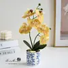Flor Artificial 6 Flores 2 Orquídeas Phalaenopsis Realistas Bonsai Flor Falsa Planta em Vaso Decoração de Interior Vaso Verde Venda por Atacado
