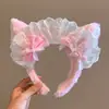 Diadema de Peluche Rosa con Orejas de Gato y Lazo Estilo Coreano para Mujer, Diadema Linda Versátil, Diadema para Lavarse la Cara, Accesorio para el Cabello de Corona Alta para Mujer