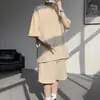 Terno de duas peças com gola V e manga curta, imitação de linho, para homens, tamanho grande, solto, casual, esportivo, verão, manga três quartos, estilo descontraído