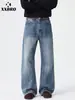 Pantalones Vaqueros Texturizados Florales Estilo High Street Americano Muxi Clothing para Hombre, Pantalones Rectos Acampanados Retro de Otoño, Estilo Baggy