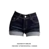 Shorts Jeans Sexy Americano com Barra Dobrada, Estilo Verão, Cintura Baixa, Emagrecedor, Cinza-Azulado, Elástico, Corte Reto, Hot Pants Justos