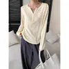 Camiseta de Manga Larga Casual Relajada Estilo Otoño Nuevo Sinan Botones Cuello en V Bolsillo Holgada Adelgazante SN9308