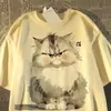Camiseta de manga curta com estampa de gato em seda de leite para mulheres e homens, estilo casual preguiçoso de verão 2026, gola redonda, top para casal