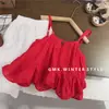 Vestido de tirantes estilo vacacional para niña estilo coreano con bordado rojo y diseño calado, top de verano moderno y pantalones de pierna ancha para exportación