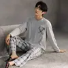 Pijama de Modal para Hombre Primavera y Otoño Estilo Nuevo Conjunto de Manga Larga y Pantalón Largo Tallas Grandes Cuello Redondo Casual Se Puede Usar Fuera de Casa Ropa para el Hogar
