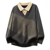 Camisa de hombre de dos piezas falsas con cuello, holgada, estilo universitario japonés, versátil, simple, perezosa, suéter con bloques de color, primavera, otoño, ropa de hombre