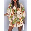 Comércio exterior transfronteiriço europeu e americano mulheres verão manga voadora feminina Amazon V-neck lace-up vestido de praia estampado atacado