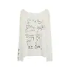 Saída de Praia com Proteção Solar Padrão Bambu para Mulheres, Camiseta Popular de Verão com Manga Longa e Design Estiloso, Top Branco Assimétrico Fora do Ombro