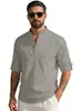 Camisa Casual al Aire Libre para Hombre Amazon Transfronteriza de Lino con Cuello Henley Color Sólido Estilo Americano Manga Larga Ligera Transpirable Talla Grande