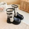 Botas de couro de cano médio para meninas, estilo britânico outono e inverno, zíper lateral, sola macia, antiderrapante, botas Martin da moda infantil, botas de cavaleiro em patchwork