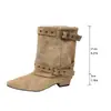 2026 Nuevas Botas de Pantalón de Gamuza con Hebilla, Punta Puntiaguda, Tacón Bajo, Otoño, Tallas Grandes, Tacón Grueso Retro, Botas de Media Pantorrilla para Mujer En Stock