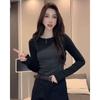Camiseta Negra Falsa de Dos Piezas de Manga Larga con Base para Mujer, Empalme de Color Contrastante, Elegante, Ropa de Trabajo Ropa Diaria
