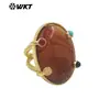 Wt-R585 Anillo Abierto Geométrico Retro Británico con Patrón Ovalado, Piedra Natural Colorida, Chapado en Oro de 18 Quilates para Hombres y Mujeres