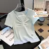 Top falso de duas peças com acabamento em renda, xadrez franzido bordado, manga curta, algodão puro, design patchwork verão 2026, corte justo