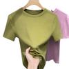Camiseta de Manga Corta de Modal para Mujer Verano 2023 Nuevo Estilo Camiseta Básica de Color Puro de Manga Larga con Cuello Redondo y Cintura Elástica