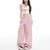Calça de Xadrez Estilo Dopamina Preguiçoso Wide Leg para Mulheres, Nova Calça Reta Emagrecedora de Cintura Alta, Calça Solta Casual de Comprimento Total