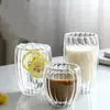 Taza de doble capa con rayas verticales para el hogar, taza transparente de vidrio de borosilicato de doble capa con forma de huevo, taza para desayuno, leche, café, taza para jugo