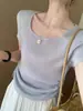 Camiseta Casual Elegante de Manga Curta com Gola Quadrada e Cordões Laterais, Estilo Coreano de Verão, Cor Lisa