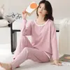 Nuevo Conjunto de Pijama de Algodón Puro Transpirable Amigable con la Piel, Cuello Redondo, para Mujer, Manga Larga Cómodo, Se Puede Usar Afuera, Conjunto de Ropa de Casa Estampado, Otoño e Invierno