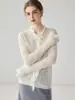 Elegante cardigã suéter de outono 100% caxemira pura para mulheres, gola redonda, com acabamento plissado, oferecendo um visual de tricô sofisticado e de caimento solto