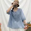 Camisa Pequena Original Japonesa Peça Única Comércio Exterior Alta Qualidade Cor Sólida Algodão Linho Bordado Camisa Pequena Artística Gola V Manga Curta Camisa Pequena Camiseta Top