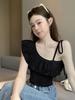 Deseo Puro Dulce Chica Caliente Cuello Inclinado Camisola de Un Hombro con Volantes Ropa Exterior de Verano para Mujer Top Corto de Estilo Occidental Único