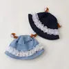 Sombrero de pescador de mezclilla con borde de encaje y orejas de ciervo estilo coreano, lindo para niñas, sombrero de pescador para niños