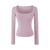 Estilo Coreano Bolsillos Sentido del Diseño Cuello en U Grande Puro Deseo Camiseta de Manga Larga para Mujer Otoño Nueva Llegada Corte Ajustado Corta Capa Base Top de Chica Atrevida