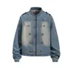Jaqueta jeans vintage estilo urso mágico americano, lavagem clara, com gola alta, design de abotoamento duplo e estilo workwear para homens