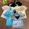 Camisa Básica Feminina Manga Curta Botões Cintura Alta Estilo Hot Girl com Top Patchwork Decote Halter Puro Desejo