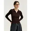 Camiseta básica de punto estilo francés retro maduro con cuello polo para mujer, adecuada para primavera y otoño, casual y elegante, top versátil y favorecedor