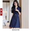 Vestido Profissional Azul Marinho Feminino Verão Manga Curta Temperamento de Alta Qualidade Estilo Deusa Commuter Vestido Terno de Botão Duplo