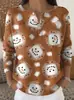 Sudadera con Botones y Cuello en V de Nuevo Estilo Transfronteriza de Manga Larga Otoño e Invierno con Estampado Moda Personalizada Chaqueta Suéter Casual para Mujer