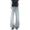 Jeans de pierna ancha lavados y desgastados estilo americano premium para hombre, holgados y fluidos, largos hasta el suelo, pantalones rectos de moda de alta calle